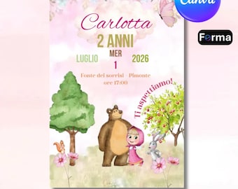 Masha and the Bear 2nd Birthday Invitation for Girls, Editable Woodland Party Template, Digital, Printable & WhatsApp Ready