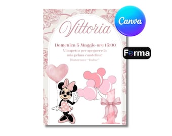 Minnie Mouse 1st Birthday Invitation, Watercolor Girl First Birthday Invite Canva, Editable Dusty Pink Floral Invitation Digital Printable