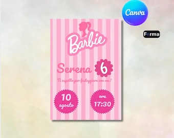 Barbie Birthday Invitation Template, Editable Pink Girl Birthday Invite Canva, Stripes Silhouette Printable Electronic Evite WhatsApp Card