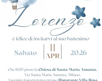 Invito Mongolfiera Battesimo e Compleanno | Template Editabile Online | Partecipazione Bimbo Digitale e da Stampare | Acquerello Celeste