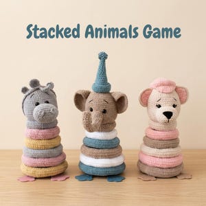 Häkelanleitung für ein Stapelspiel mit Tieren, Amigurumi-Stapelspielzeug-Tutorial, DIY-Geschenk zur Sinnesförderung für Babys, Elefant, Nilpferd und Bär als Plüschtier, PDF (nur auf Englisch)