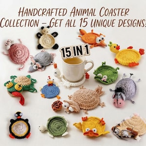 Peut inclure: Collection de 15 dessous de verre animaux faits à la main, dont un panda, un renard, un canard et une tortue. Les dessous de verre sont en fil et de couleurs variées. Le texte dit : Collection de dessous de verre animaux faits à la main - Obtenez les 15 modèles uniques !