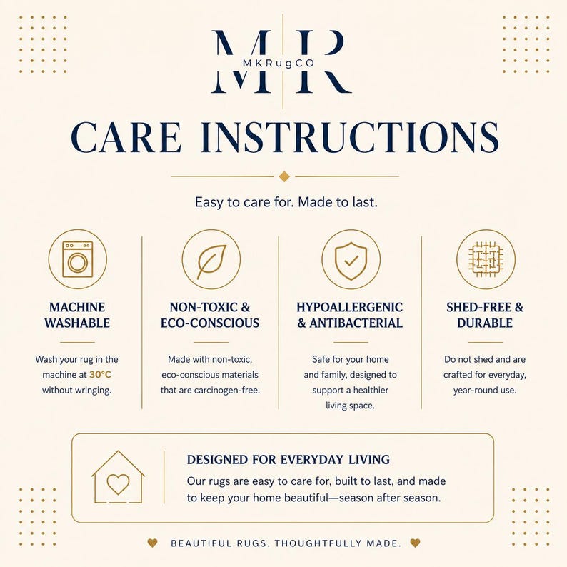 May include: An informational graphic titled CARE INSTRUCTIONS by MKRugCo. It lists features including machine washable at 30 degrees Celsius, non-toxic, eco-conscious, hypoallergenic, antibacterial, shed-free, and durable. It includes icons and text.