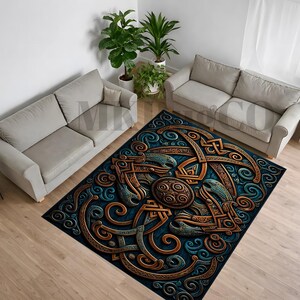 May include: A rectangular area rug featuring a dark blue background with intricate, raised-relief style patterns in shades of copper, bronze, and teal. The design consists of interconnected swirling lines, geometric knots, and a central circular motif.