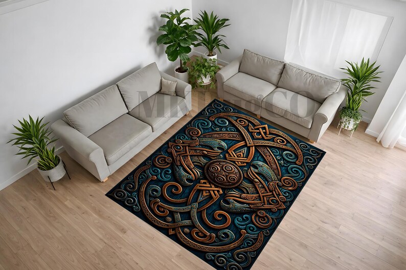 May include: A rectangular area rug featuring a dark blue background with intricate, raised-relief style patterns in shades of copper, bronze, and teal. The design consists of interconnected swirling lines, geometric knots, and a central circular motif.