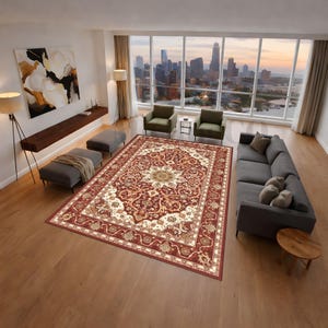 May include: A large, rectangular rug with an ornate, traditional design. The rug features a central medallion and intricate patterns in shades of red, cream, and gold. It is placed in a living room setting with a cityscape view.