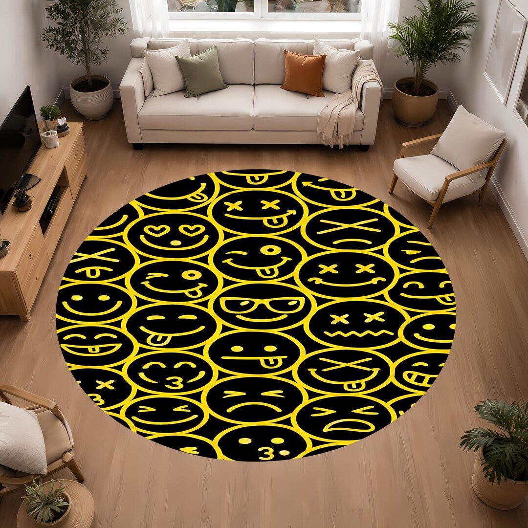 Smiley Face Round Rug, Playful Emoji Pattern Design, Living Room Floor ...