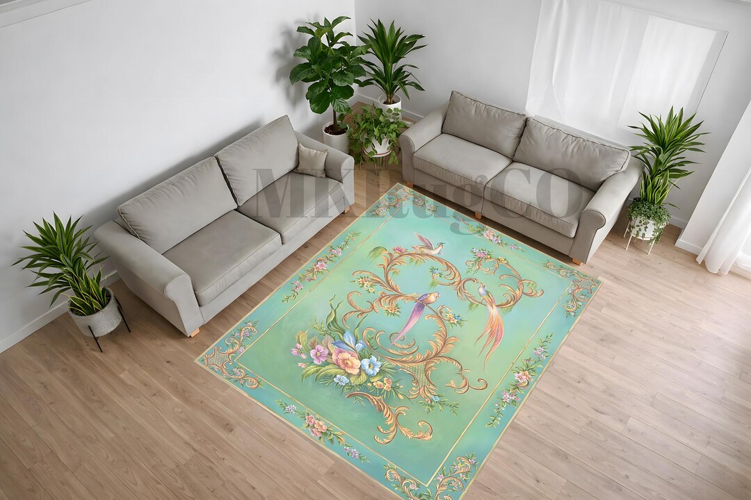 Rococo Chinoiserie Bird Rug, Mint Green Baroque Floral Carpet, French ...