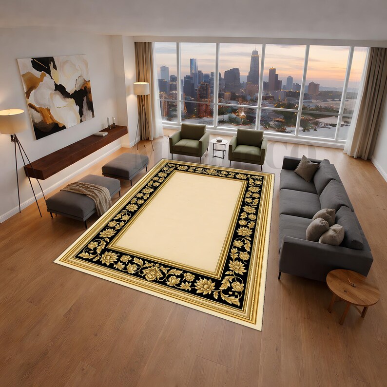 Ornate Gold Floral Border Rug, Classic Baroque Style Area Rug, Black ...