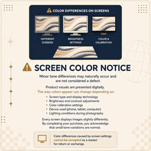 May include: An informational graphic titled SCREEN COLOUR NOTICE with a warning icon. It explains that minor tone differences occur due to screen type, brightness, and calibration settings, noting that these variations are not considered a defect.