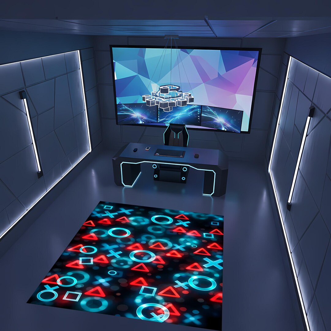 Gaming Rectangle Shape Neon Gaming Symbols Pattern Rug, Abstract Geometric Shapes Carpet ...