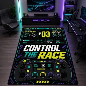 Sim Racing Area Rug, Neon Race Control Dashboard Carpet for Gaming Room Decor
