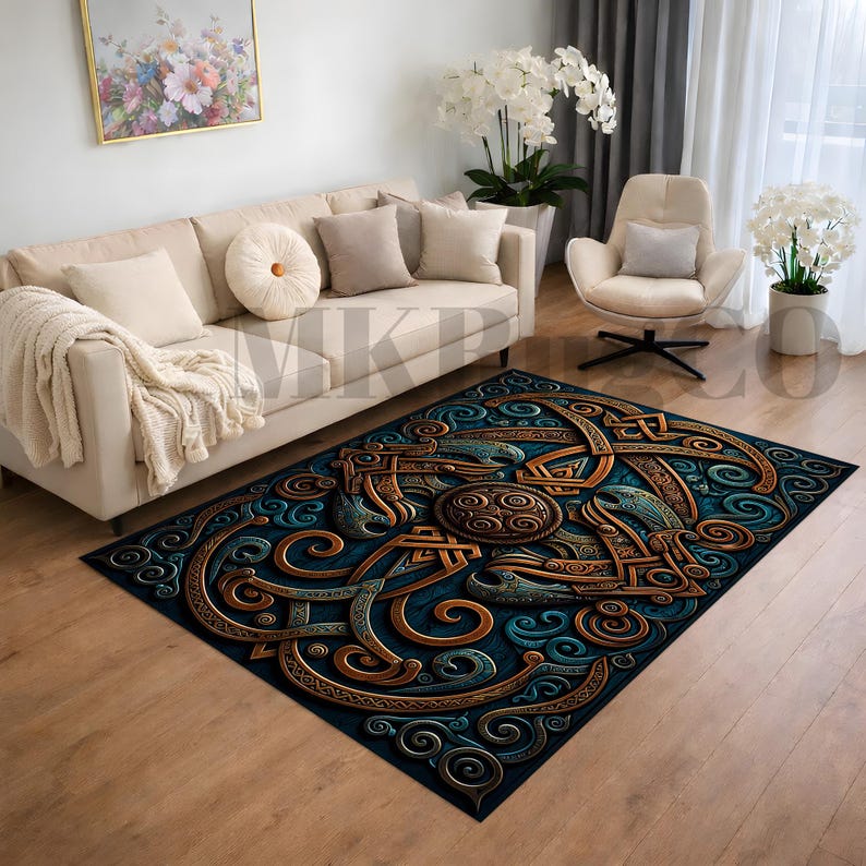 May include: A rectangular area rug featuring a dark blue background with intricate, raised-relief style copper and teal-coloured Celtic knotwork patterns. The design includes swirling lines and a central circular medallion with a repeating spiral motif.