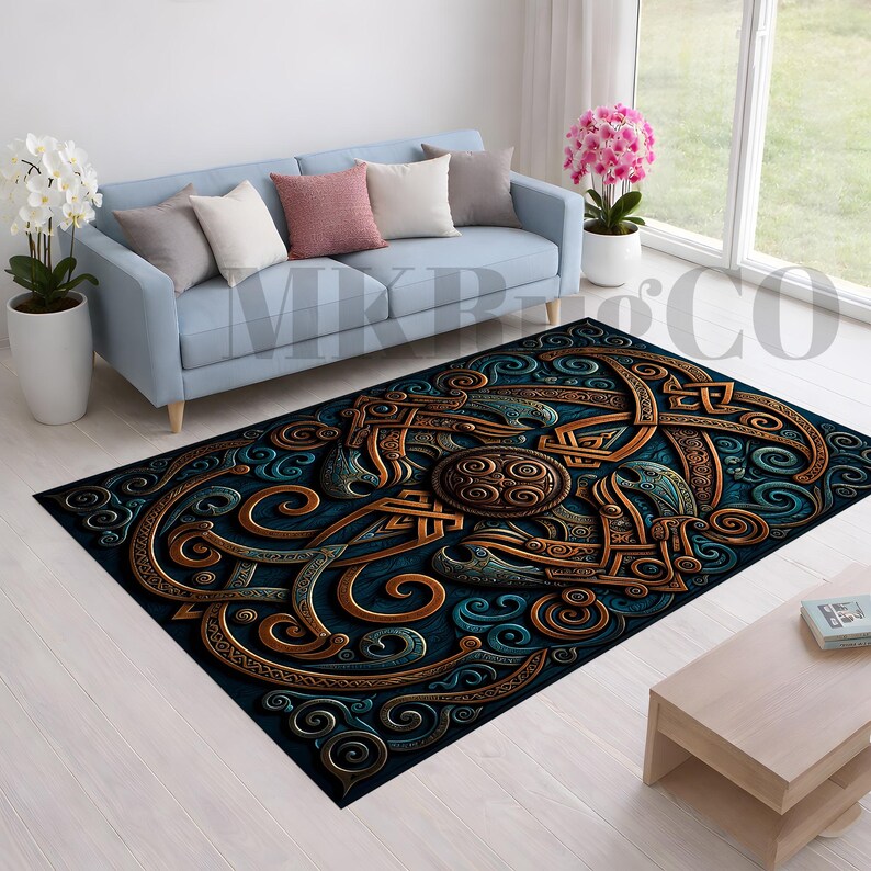 May include: A rectangular area rug featuring a dark blue and copper-toned intricate Celtic knotwork pattern with swirling motifs and a central circular emblem. The design includes embossed-style metallic textures against a deep navy background.