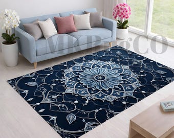Ornate Mandala Floral Rug, Arabesque Style Area Rug, Navy Blue And Silver Decorative Floor Mat, Elegant Living Room Rug, Housewarming Gift
