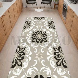 Damask Runner Rug For Hallway, Elegant Baroque Style Scroll Pattern, Neutral Cream Taupe Tones For Entryway Use, Stylish Long Rug Accent