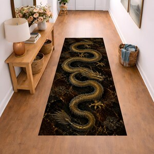 May include: A rectangular rug with a golden dragon design on a dark brown marble-effect background. The dragon is highly detailed, with scales and claws. The rug is in a hallway with wooden flooring.
