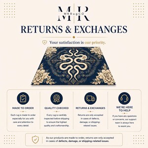 May include: A rectangular rug featuring a dark blue background with a symmetrical cream-coloured snake and floral pattern. The text reads MKRugCO, RETURNS & EXCHANGES, Your satisfaction is our priority, MADE TO ORDER, QUALITY CHECKED, and WE'RE HERE TO HELP.