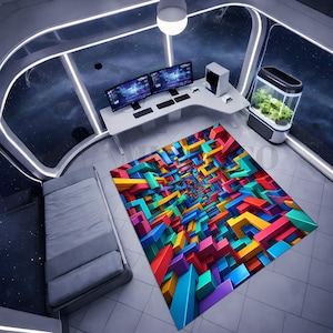 Gaming Room Abstract Tunnel Rug, Colorful Geometric 3D Block Design, Perfect For Gaming Room Setup, Dreamy Gift For Gamer Decor Lovers