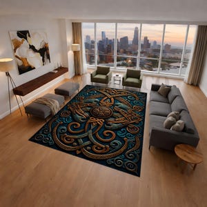 Norse Raven Rug, Celtic Knot Carpet, Viking Style Decor image 3