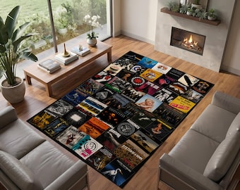 Rock Album Collage Rug, Retro Music Carpet, 70s Album Covers Rug