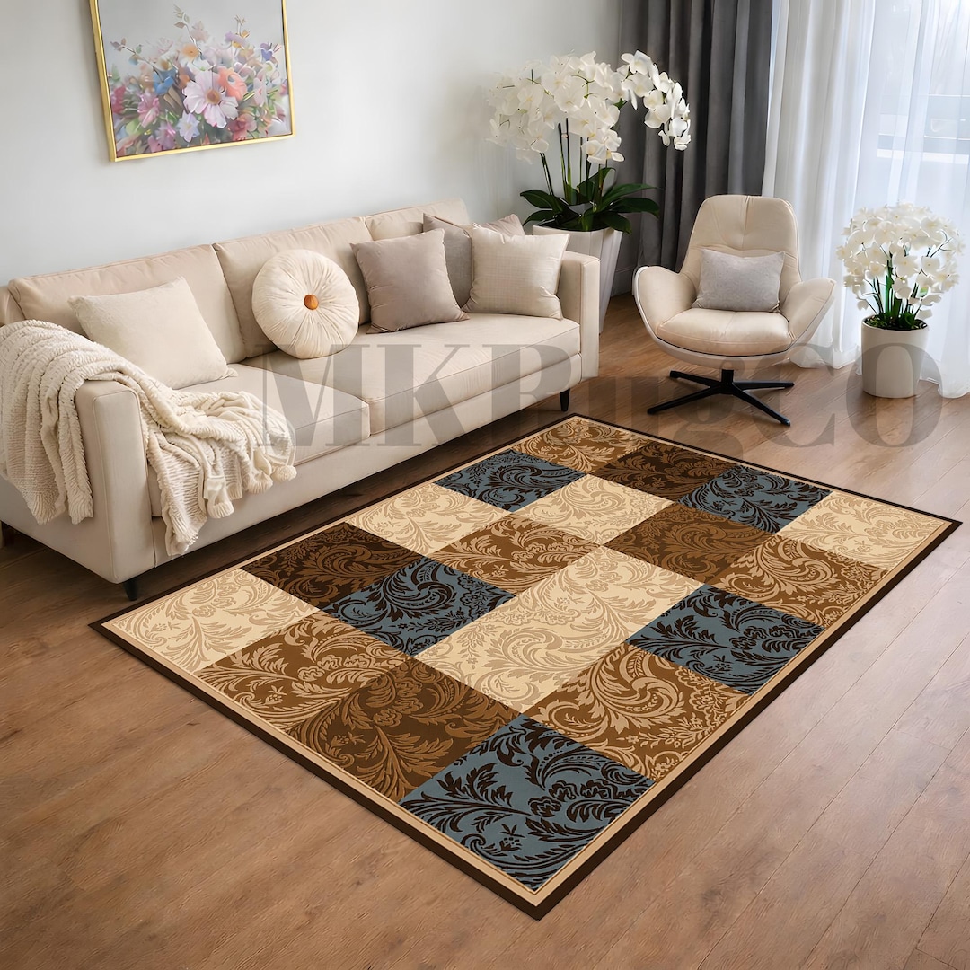 Scroll Rugs Patchwork Floral Scroll Rug, Baroque Area Rug, Beige Brown Blue Cream ...