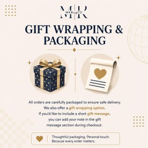 May include: A graphic display featuring the text GIFT WRAPPING & PACKAGING, a navy blue gift box with gold polka dots and a gold ribbon, and a cream-coloured note card with a gold heart icon. The design includes the MKRugCo logo at the top.