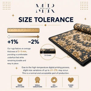 May include: An informational graphic for MKRugCo displaying a rug with a dark floral pattern. It features a ruler icon, a size tolerance of +1% to -2%, and a cross-section showing a thickness of 3-5 mm. Text includes Size Tolerance, Made With Care, Small Variations, Big Quality, and Thank You.