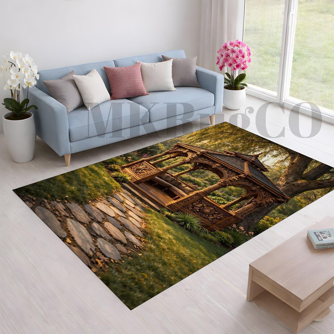 Ornate Wooden Pavilion Rug, Cottagecore Garden Area Rug, Carved Walnut ...