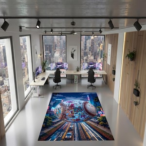 May include: A baseball-themed area rug featuring a vibrant, graffiti-style design. The rug showcases a baseball floating above a city street scene with cars. The room has a modern office setup with multiple computer monitors and city views.