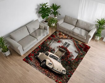 Classic Car Rose Rug, Floral Cottage Carpet, Romantic Garden Decor