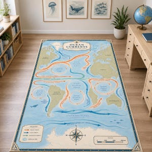 Alfombra con diseño de corrientes oceánicas, alfombra con mapa náutico del mundo para sala de estudio, oficina o decoración costera.