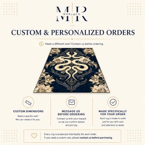 May include: A rectangular rug featuring a dark blue background with a symmetrical cream-coloured snake and floral pattern. The text reads MKRugCo, CUSTOM & PERSONALIZED ORDERS, Need a different size? Contact us before ordering, and more.