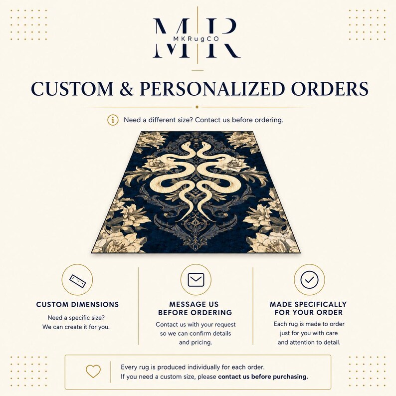 May include: A rectangular rug featuring a dark blue background with a symmetrical cream-coloured snake and floral pattern. The text reads MKRugCo, CUSTOM & PERSONALIZED ORDERS, Need a different size? Contact us before ordering, and more.