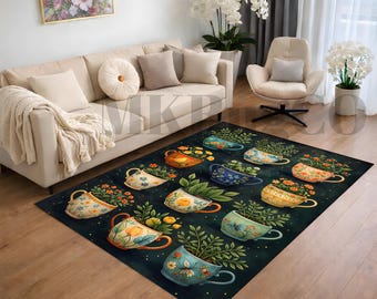 Floral Teacup Garden Rug, Cottagecore Plant Area Rug, Cute Botanical Carpet