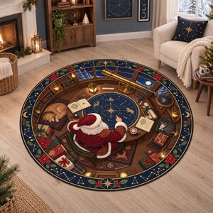 May include: A round area rug featuring a detailed illustration of Santa Claus sitting at a circular desk in a study, pointing at a star map. The scene includes a telescope, books, a sleeping dog, a cat, and wrapped gifts, all bordered by poinsettias.