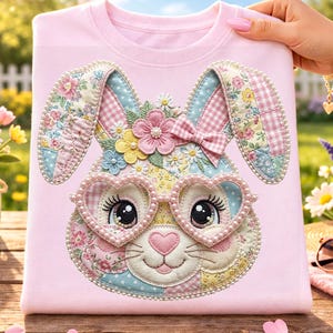 Puede incluir: Sudadera rosa claro con un diseño de cara de conejo de patchwork. El conejo tiene gafas en forma de corazón y orejas con estampado floral. El diseño incluye un lazo rosa y una nariz en forma de corazón. La sudadera se muestra sobre una superficie de madera.