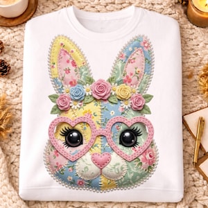 May include: White sweatshirt featuring a colorful patchwork bunny face with heart-shaped glasses. The bunny has floral accents and pearl detailing. The design is centered on the front of the long-sleeved top, perfect for Easter or spring.