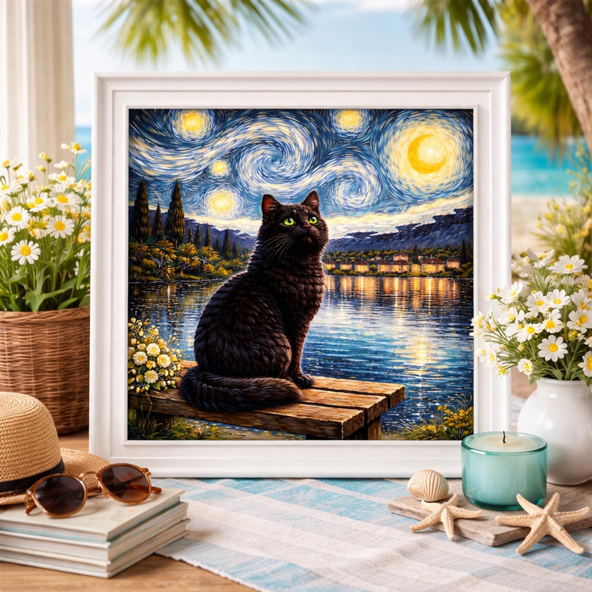 Black Cat Starry Night Art Print, Van Gogh Inspired Lakeside Scene ...