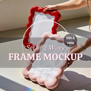 May include: Set of 2 wavy frame mockups. One frame is red, the other is pink. The frames have a unique wavy design. The text "Set of 2 Wavy FRAME MOCKUP" is displayed on the image.
