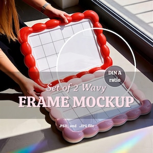 May include: Set of two wavy frame mockups. One frame is red, the other is pink. Each frame has a white grid inside. The text "Set of 2 Wavy FRAME MOCKUP" is displayed on the image, along with the text ".PSD and .JPG file."