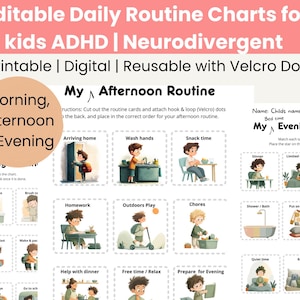 Może przedstawiać: Edytowalne wykresy codziennych rutyn dla dzieci z ADHD i neurodywergencją. Do wydruku, cyfrowe i wielokrotnego użytku z kropkami na rzepy. Zawiera wykresy rutyn porannych, popołudniowych i wieczornych z ilustracjami.