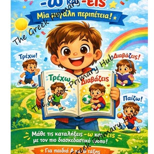 以下が含まれることがあります： 漫画の男の子が本を持っているカラフルな子供向けの本の表紙。 本のページには、遊んだり読んだりしている子供たちのイラストが描かれています。 ギリシャ語のテキストには「動詞」と「大冒険！」が含まれています。