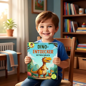 May include: A child smiles, holding a book titled "Dino-Entdecker Mitmachbuch". The book cover shows a cartoon dinosaur and a smaller dinosaur against a blue sky and green landscape. The child wears a blue top and jeans. The book is in German.