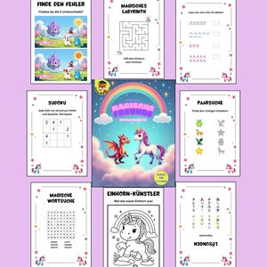 May include: A children's activity book with a purple cover and pages. The cover features a rainbow, a dragon, and a unicorn. The pages include puzzles, mazes, colouring pages, and counting exercises. Text includes "Magische Freunde" and "Einhorn-Künstler".