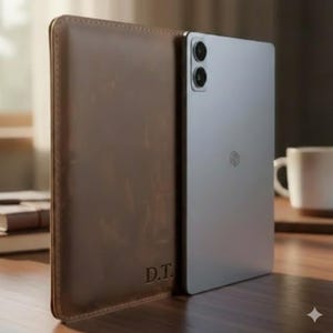 May include: A silver tablet with a dual-lens camera is next to a brown leather case. The case has the initials "D.T." embossed on it. The tablet and case are on a wooden surface.