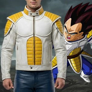 Vegeta Inspired White & Yellow Leather Jacket – Saiyan Armor Style Cosplay Jacket for Men