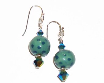 Kazuri Fair Trade Beads Handmade Ceramic Clay Earrings, Green Ice, Sea Blue Dots Swarovski Crystal