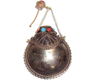 Tibetan Snuff Bottle with Spoon Handmade in Silver Metal with Turquoise and Coral Color inlay