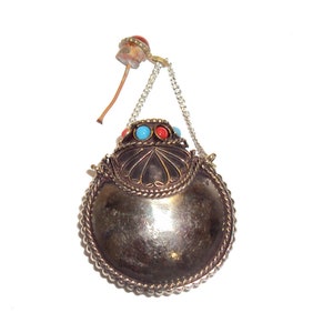 Tibetan Snuff Bottle with Spoon Handmade in Silver Metal with Turquoise and Coral Color inlay